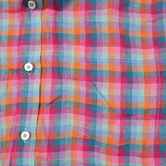 Bugatchi Men's Large Shaped Fit 100% Linen Plaid Long Sleeve Shirt‎ Flip Cuff - Picture 5 of 11